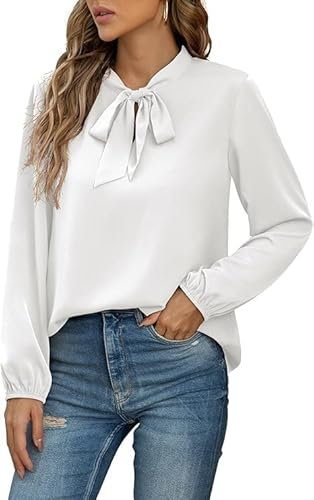 Yommay Damen Bluse Elegant Langarm Tunika T-Shirt Krawatte Hals Flowy Chiffon Oberteile für Frauen Herbst Mode,Weiß,L