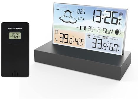 ALLOMN Wetterstation mit kabellosem Außensensor, Kabellose LCD-Display Digitale Wetterstation mit Dual-Wecker/Datum/Uhrzeit/Temperatur/Luftfeuchtigkeit/Alarm/Barometer/Wettervorhersage für Zuhause