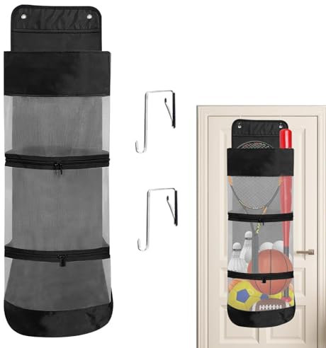 Over The Door Basketball Equipment Organizer - Hanging Sports Bag with 2 Hooks | Football Gear, Soccer Balls, and Swimming Equipment Storage | Space-Saving Wall Hanging Ball Holder for Home Gym