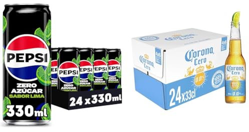 Pepsi Max Lima, Zero Azúcar, 330ml - Pack de 24 latas + Corona Cero 0,0% alc, Pack x24 botellas
