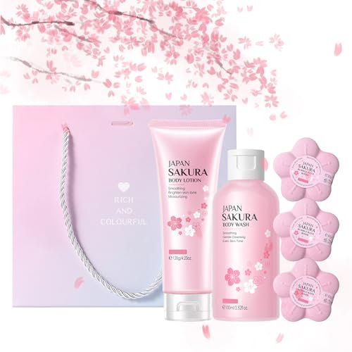 ARCHIDATE Bade Geschenkset Frauen - 5PCS Sakura Badesets Geschenke für Frauen - Spa-Geschenkset für Frauen mit Körperlotion-Duschgel-Badebombe*3 - Beauty Badeset Damen Badebomben Feuchtigkeit Geschenk