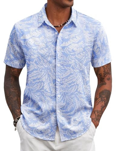 COOFANDY Hawaiian Shirts Men Summer Shirts Short Sleeve Holiday Shirt Casual Tropical Shirt Regular Fit Blue & White Leaf XL
