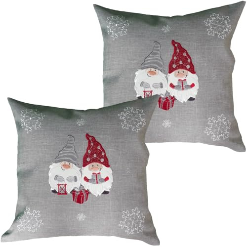Kissen-Bezüge 2er Set Deko-Kissen Sofa-Kissen 40 x 40 cm - Polyester Kissen-Hüllen AMIRA hellgrau bestickt mit Wichteln - Weihnachtliche Zierkissen für Couch & Wohnzimmer an Weihnachten
