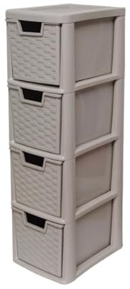 KYY’Z 4 Drawer Storage Unit Rattan Effect A5 Medium Plastic Storage Drawer Unit 4 Tier Storage Cabinet Chest Tower Home Kitchen Office School Garage Living (Rattan Mushroom, 4 Drawers Medium)