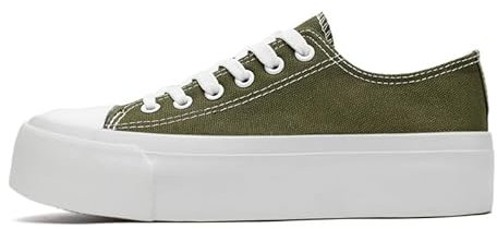 Ladies Fashion Platform Trainers Women’s Platform Low Top Lace Up Canvas Shoes Pumps Plimsolls Outdoor Tennis Walking Shoes Army Green