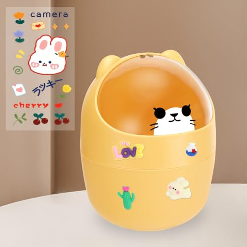 Mini Papelera Escritorio, Pequeño Design Cubos Basura con Lindas Pegatinas, Mini Cubo de Basura, Papelera Sobremesa, Mini Bote de Basura de Escritorio, Cubo Basura para Cocina Baño Oficina (Amarillo)