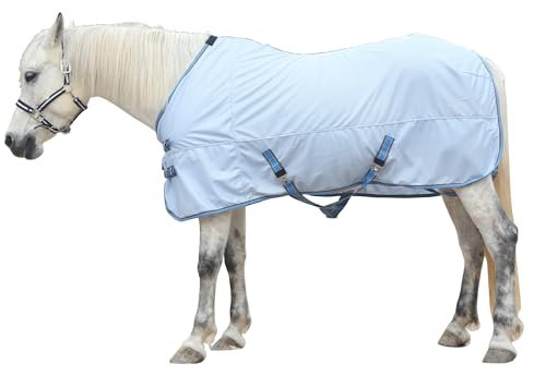 Gallopoff Fliegendecke für Pferde, atmungsaktive Sommerdecke mit UV-Schutz und Kratzschutz, mit verstellbarem Brustverschluss, Kreuzgurt und Beinschnüren Hellblau 150 cm