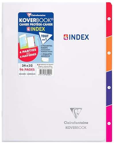 Clairefontaine 981494C Un Cahier Agrafé Koverbook 4 INDEX - 24x32 cm - 96 Pages Grands Carreaux - Papier Blanc 90 g - Couverture Polypro Transparent