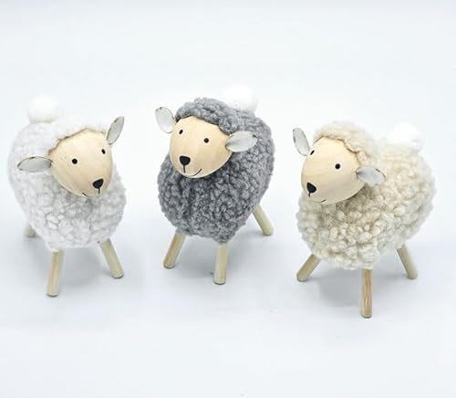 Logbuch-Verlag 3 Deko Ostern Schafe aus Wolle und Holz Osterdekoration Figuren zum Hinstellen weiß/grau/Creme 10 x 12 cm