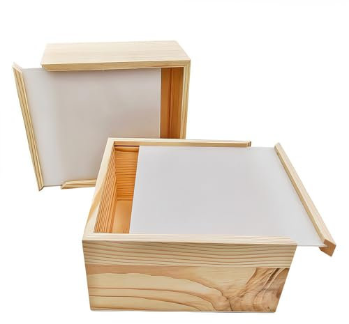 Anktily Aufbewahrungsboxen aus unlackiertem Holz mit Acryl-Schiebedeckel, quadratische Holzbox für Bastelarbeiten, Aufbewahrung und dekorativer Organizer (15 x 15 x 8 cm), 2 Stück