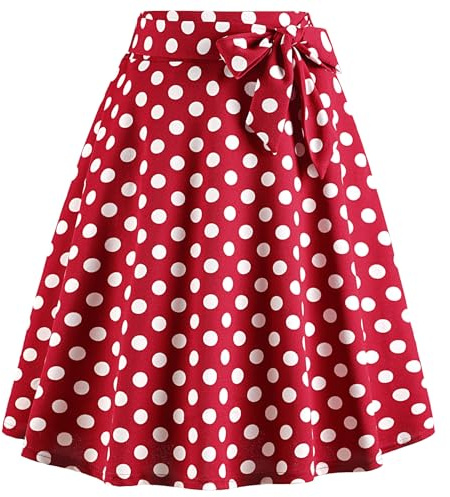WERFORU Jupe Midi pour Femme, Jupe d'été, Jupe Traditionnelle, Jupe Années 50, Jupe Polka Dot, Robes Rockabilly, rouge, L