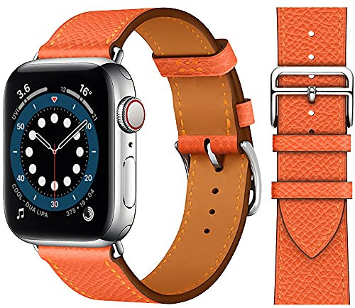 VZEXJIU Bracelets en cuir Compatible avec Apple Watch 42mm(Series 3) 44mm 45mm 46mm 49mm Bracelet en Cuir Véritable Remplacement pour iWatch Ultra 2/1 Séries 10 9 8 7 6 5 4 3 SE,Orange/Texture