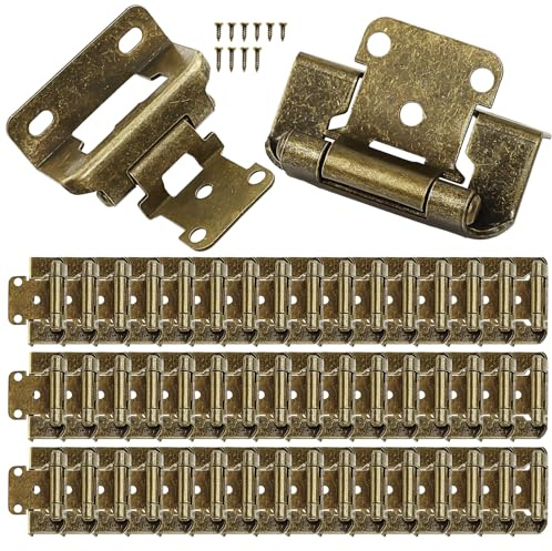 50 Pcs (25 Pair) Antique Brass Cabinet Hinges, 1/2 Overlay Partial Wrap Cabinet Hinge, Self Closing Hinge with Screws for Kitchen Bathroom Cabinets Doors
