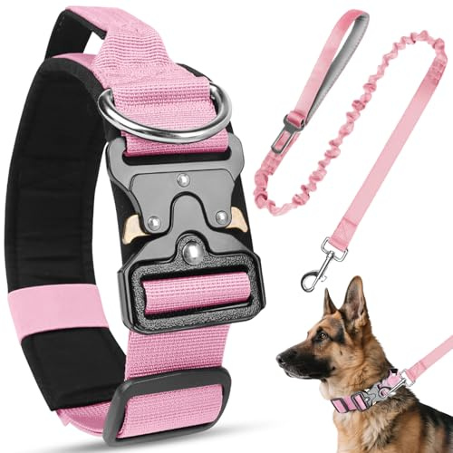 Viugex Ensemble Collier et Laisse pour Chien, Collier de Chien Tactique Militaire avec Poignée et Boucle en Métal, Réglable Nylon Collier pour Petits, Moyens et Grands Chiens (Rose, M)