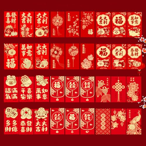 lioewhu Enveloppes Rouges Chinoises, 36 Pièces Enveloppes rouges du Nouvel An chinois 2026, 17 x 9 cm Paquets Rouges du Nouvel an Chinois, Hong Bao 2026 Année pour Noël Nouvel An Anniversaire Mariage