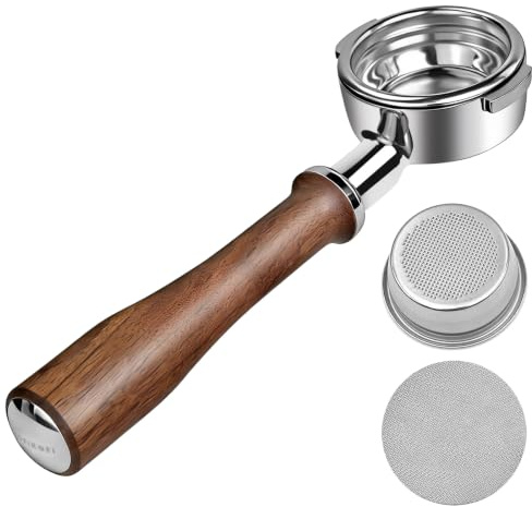 KOFIKOFI 58mm Bodenloser Siebträger, 2 Ohren Bottomless Portafilter für E61, Flair 58, ECM, Rocket, VBM Kaffeemaschine mit 304 Edelstahl-Filterkorb, Pucksieb, Walnussholz