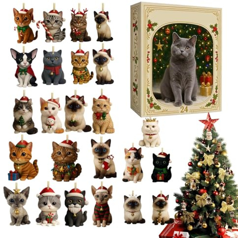 Kätzchen Adventskalender 2025, 24 Tage Weihnachten Adventskalender, 24x 2D Acrylic Sammlerstück Niedlicher Katzenanhänger, Katze Charm Weihnachtsbaum Dekoration Für Tierliebhaber, Sammler, Kinder