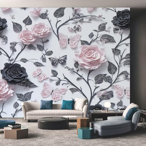 Rose Flower Photo Wallpaper for Bedroom, Black Pink Floral Butterfly Wall Mural for Living Room, Black Pink Wallpaper 150x105 Nonwoven Wall Paper Home Decor W&32