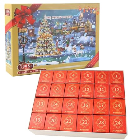 Adventspuzzles,1008 Teile Interaktives Spielzeug - 24 Tage Countdown Schneelandschaft Weihnachts Puzzles - Für Früherziehung Winterfest Strumpffüller Familientreffen Schüler