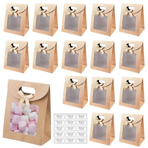 Touosy 15 Stück Papiertüten mit Fenster 16x12x6cm, Papiertüten mit Sichtfenster Geschenktüten aus Papier, Geschenktaschen Klein Geeignet Verpacken Süßigkeiten Pralinen Keksen Geschenken (Holzfarbe)