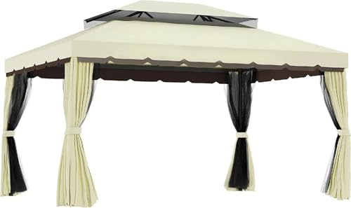 DecHome - Gazebo 4x3 m con Zanzariera, Tende e Tetto Doppio Rivestimento Anti-UV Colore Crema
