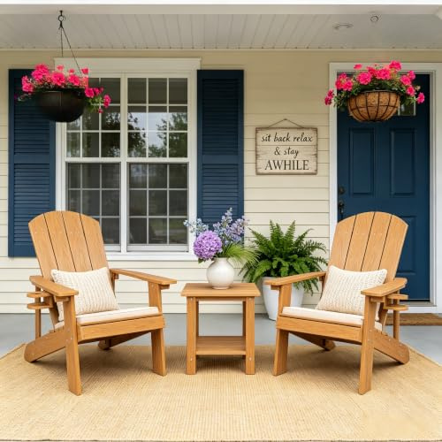 Adirondack Chair with Cup Holder & Side Shelf – Weather-Resistant HIPS Outdoor Lounge Chair for Patio, Backyard, and Poolside (Teak Color)