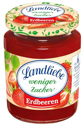 Landliebe weniger Zucker Fruchtaufstrich Erdbeere, Brotaufstrich 180g | Fruchtiger Brotaufstrich mit 55% Erdbeeren, 30% weniger Zucker.