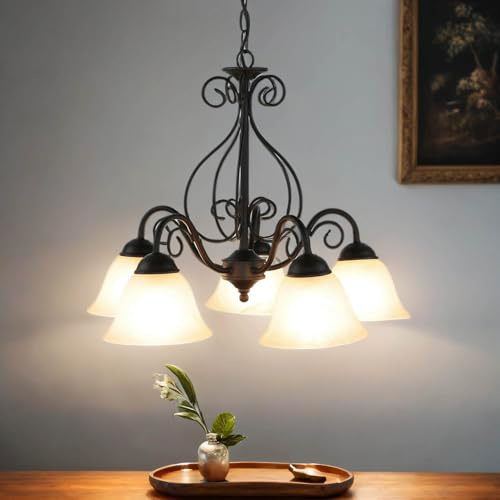 Licht-Erlebnisse Esstisch Pendelleuchte, Küchenlampe, Schwarz, Weiß, Landhaus, Rustikal, Glas, Metall, Ø52 cm, E14, 5-flammig, Wohnzimmer Hängelampe, Esszimmerlampe