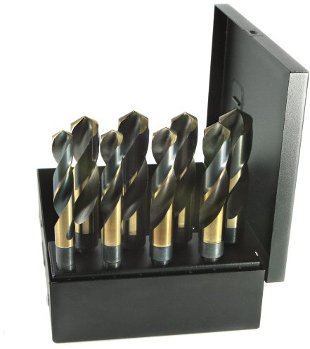 Drillco 1000N Series Nitro 8 Piece High-Speed Steel Reduced Shank Drill Bit Set, Black and Gold Oxide Finish, Round Shank, Spiral Flute, 118 Degrees Split Point, 9/16 - 1 in 1/16 increments