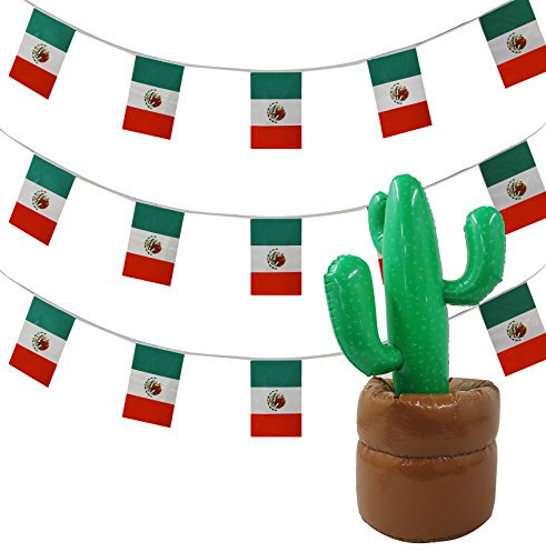 Mexikanisches Party-Dekorations-Zubehörset mit Wimpelkette 10 m + riesigem aufblasbaren Kaktus 1 m