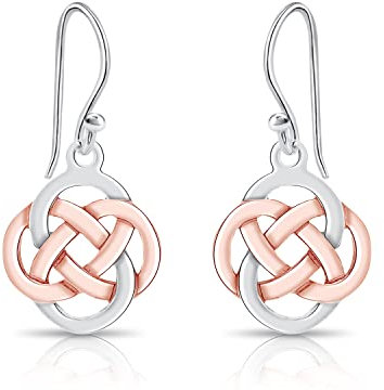 DTPsilver® 925 Sterling Silver Rose Gold Plated Celtic Knot Hook Dangle Earrings - Dimensions: 15 x 30 mm