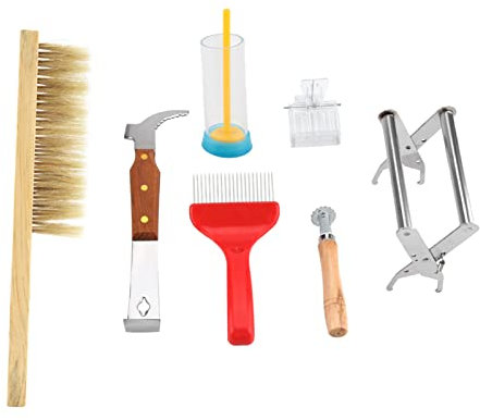 Zerodis 7Pcs Bienenzucht Werkzeuge Set Imkereiausrüstung Zubehör mit Bee Pinsel Entdeckelungsgabel Bienenstock Rahmen Halter Königin Zeichenflasche Spur Wire Wheel Embeddi