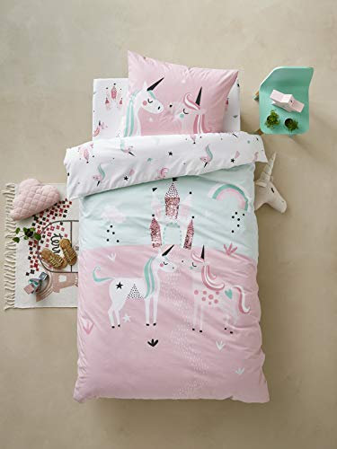 Vertbaudet Mädchen Bettwäsche-Set Einhörner zartrosa 140X200 - Kissen 63X63