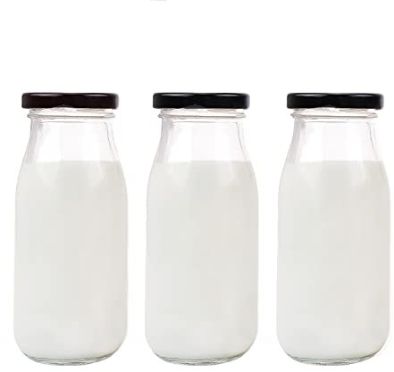 Danmu Art 3pcs 250ml Glass Milk Bottle with Pretty Black Lids Small Glass Jars for Decoration