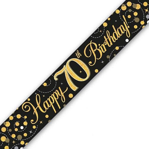 9ft Banner Sparkling Fizz 70th Birthday Black & Gold Holographic