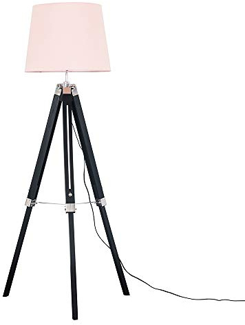 MiniSun | Modern Black Wood and Silver Chrome Tripod Floor Lamp with a Pink Tapered Light Shade | Floor Lamps & Torchieres, Home Décor & Improvement Essential | Includes Bulb [3000K Warm White]