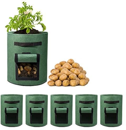 Delxo 5 Pack 7 Gallon Potato Growing Bags, Planter Garden Grow Bags with Flap, Double Layer Breathable Nonwoven Cloth for Planting,Vegetable,Tomato,Aeration Fabric Pots with Handles Green
