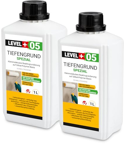 LEVEL PLUS 05 Tiefengrund Spezial 2L, Reaktivgrundierung auf Silikat Polymer Basis, Schnell trocknender Tiefgrund mit Kaliwasserglas, Untergrundverstärkung, Unter Abdichtungssysteme Innen und Aussen