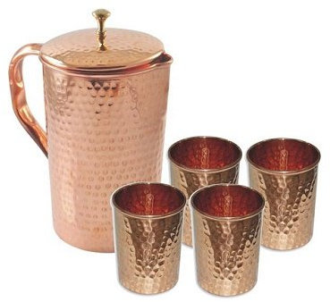 Indian Pure Copper Hammered Jug with 4 Tumbler Glass Set for Ayurvedic Healing1.5 L