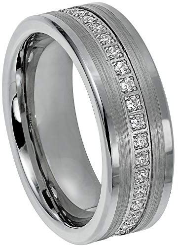 Jewelry Avalanche Men's Eternity Tungsten Band - Tungsten Carbide Wedding Band with Prong-set White CZ Accent - Comfort Fit Tungsten Anniversary Ring - #777s10