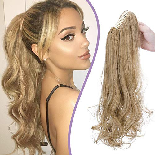 18 Postiche Queue de Cheval Avec Pince Extension Cheveux Faux Synthetique Claw On Ponytail Extension Longue Raide à Ondulé, Brun Cendré & Blond Très Clair