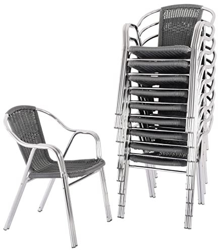 MACOShopde by MACO Möbel Bistrostuhl 10er-Set, Outdoor-Stapelstuhl mit Armlehnen, Polyrattan, in Dunkelgrau, stabiles Alugestell, Raburg Vita