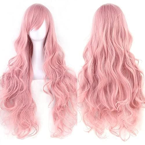 IMISSU 80cm langes lockiges Naturhaar Cosplay Perücke mit Pony Buntes Halloween Kostüm Party Perücken für Frauen (Pink)