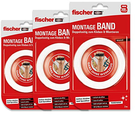 fischer Cinta de montaje en paquete de 3 unidades, doble cara y cinta adhesiva fuerte, fácil de aplicar gracias a su revestimiento especial, suspensión sin taladrar, para espejos, imágenes, etc. 3