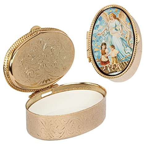 NKlaus Metalletui gold Dose oval Schutzengel Kinder auf Brücke 5x3,5cm Rosenkranz 2546