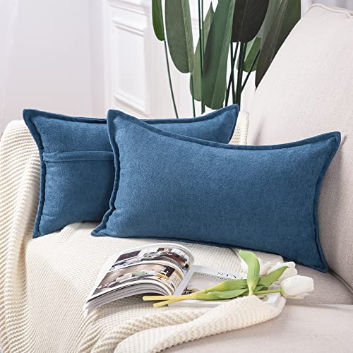 Madizz 2er Set kurzen Chenille Zierkissenbezüge weicher dekorativer Kissenbezug für Sofa, Schlafzimmer Kissenhülle Denim Blau 40x60 cm Rechteckig