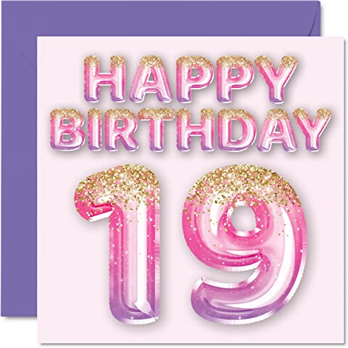 19th Birthday Card for Women, Pink & Purple Glitter Balloons | Happy Birthday Cards for 19 Year Old Woman Daughter Sister Auntie Cousin, 145mm Bday Greeting Cards Gift