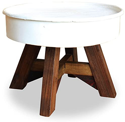 Makastle Vintage-Stil Rund Couchtisch Wohnzimmertisch Beistelltisch Sofatisch Kaffeetisch Holztisch für Wohnzimmer Esszimmer, Altholz Massiv 60 x 45 cm Weiß