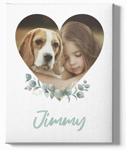 Deqosy Leinwand mit eigenem Bild, Leinwand personalisiert mit Foto und Text in einem Herzausschnitt, personalisierte Fotoleinwand für Muttertag, Vatertag, Partner, Haustier, Oma, Opa, Mama und Papa