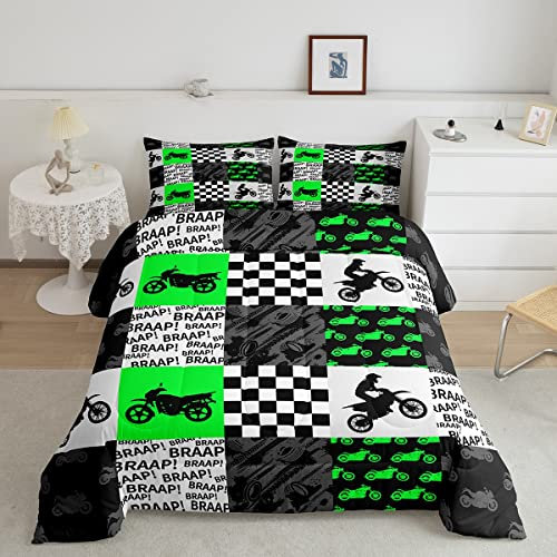 Motorcross Rider Jungen-Bettwäsche-Set, Renn-, Dirt-Bike-Bettwäsche-Set, volle Größe, Neongrün, Schwarz, Grau, Patchwork-Gitter, Steppdecken-Set für Kinder, Herren, Teenager, Schlafzimmer, Dekoration,